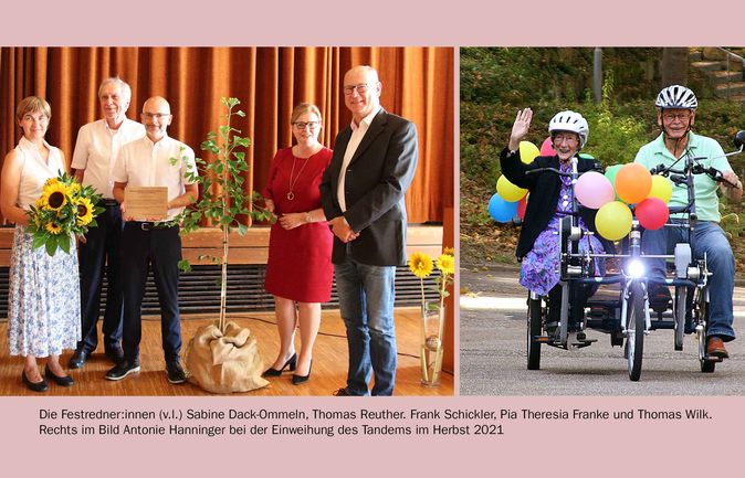 Jubiläumsgruppe mit Auszeichnung und Sonnenblumen neben Seniorin winkend auf bunt dekoriertem Tandem